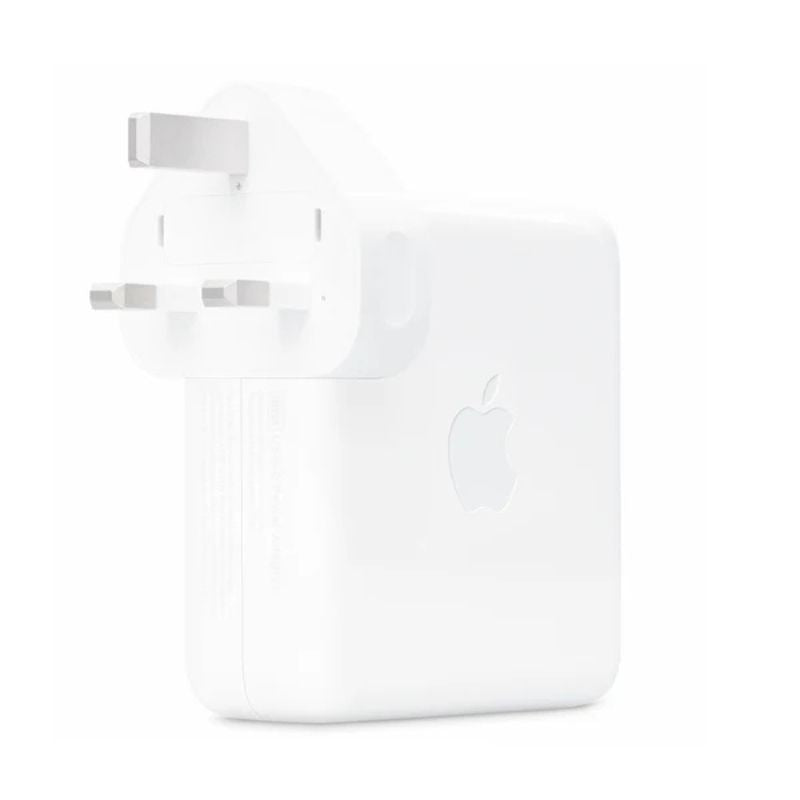 White Apple USB C 96W Power Adapter -MX0J2B/A with a clear cover on a white background