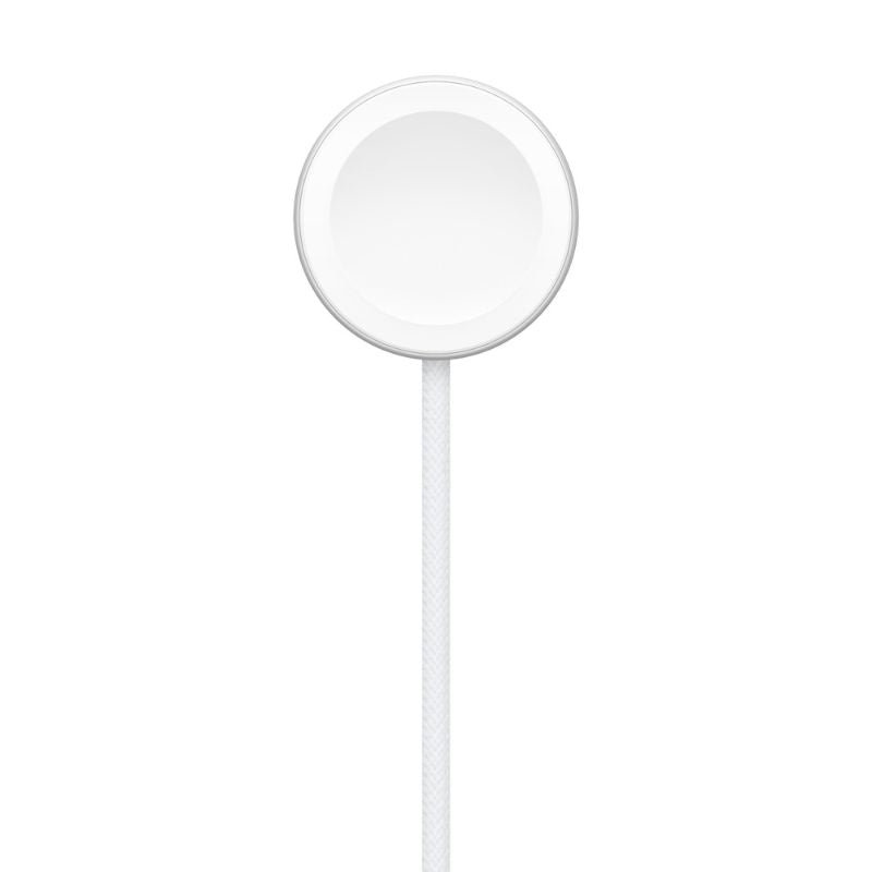 Round white Apple Watch Magnetic Fast Charger to USB-C Cable (1m) against a white background