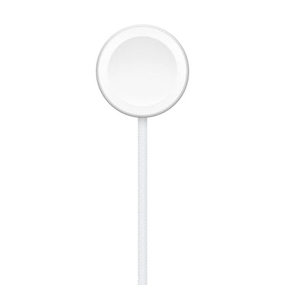 Round white Apple Watch Magnetic Fast Charger to USB-C Cable (1m) against a white background