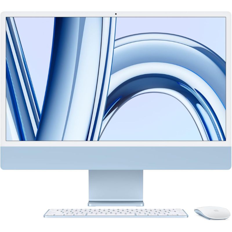 Computer monitor with a blue abstract design on the screen, placed on a white surface.