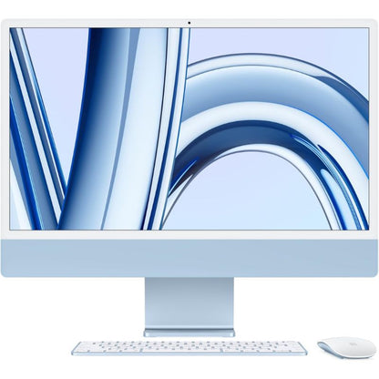 Computer monitor with a blue abstract design on the screen, placed on a white surface.