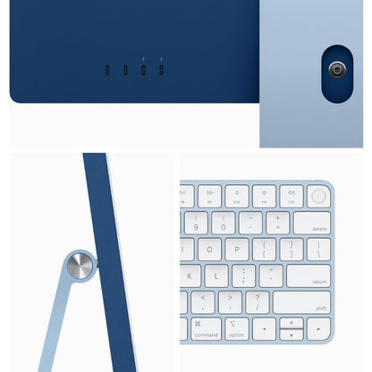 Blue computer monitor and keyboard on a white background
