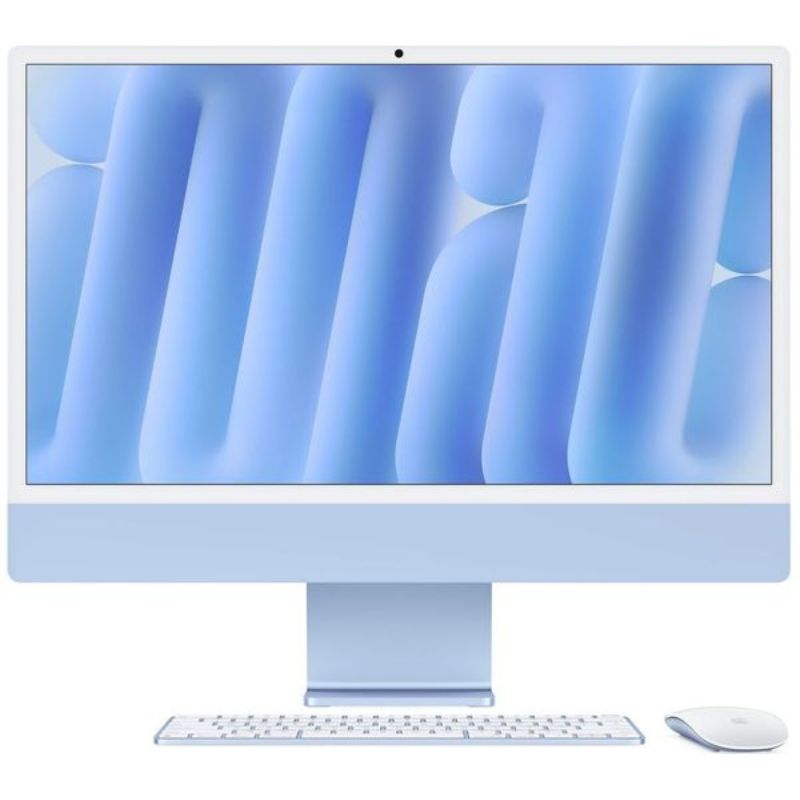 White computer monitor with blue abstract wallpaper on a white background