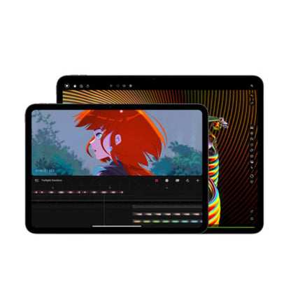 Two tablets side by side with one displaying an anime character and the other showing a colorful abstract design.