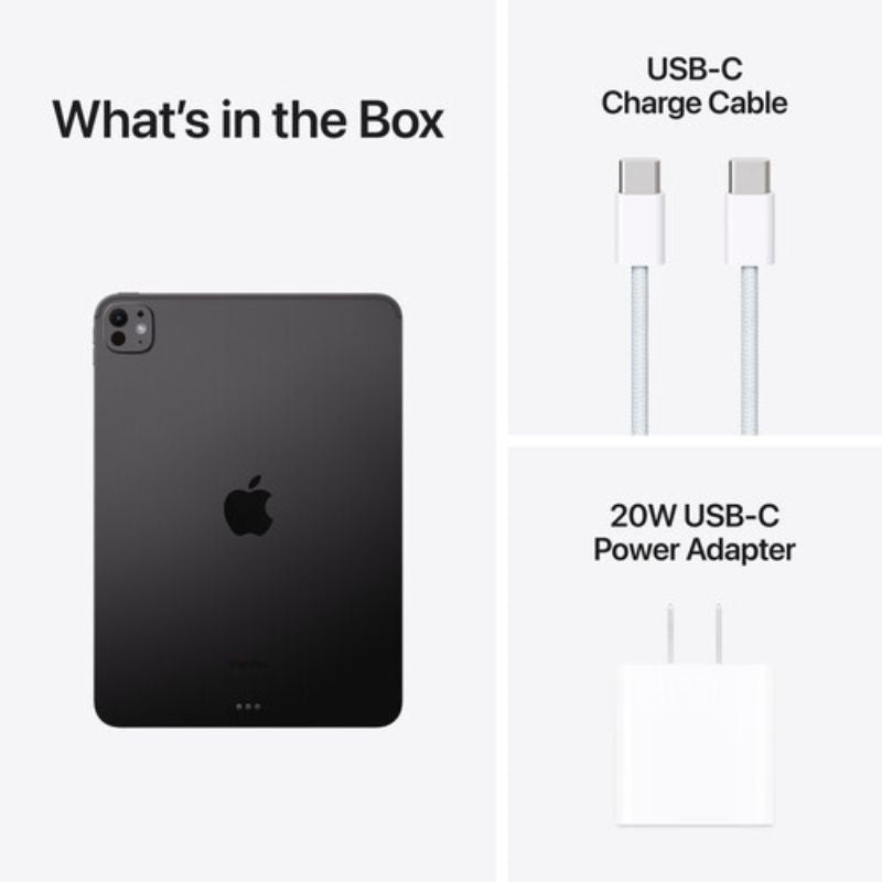 Black tablet with USB-C charge cable and power adapter on a white background