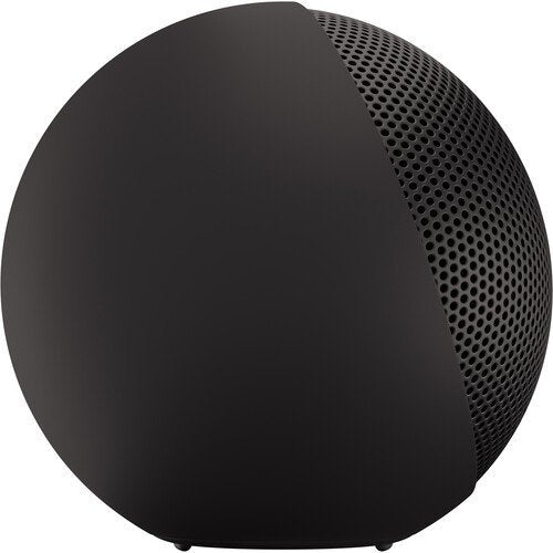 Black spherical speaker with mesh design on a white background