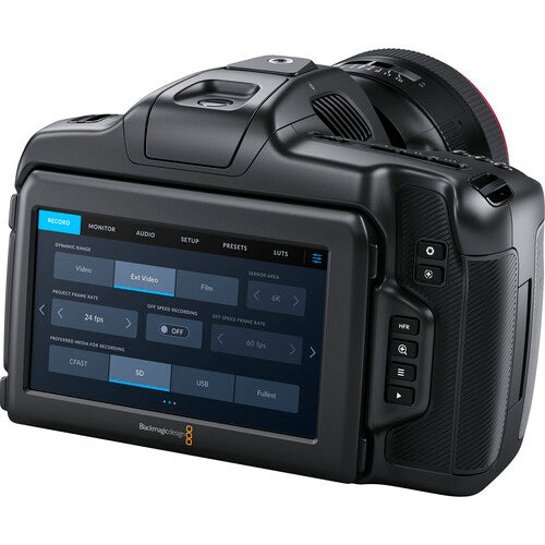 Blackmagic Design camera with display screen on a white background