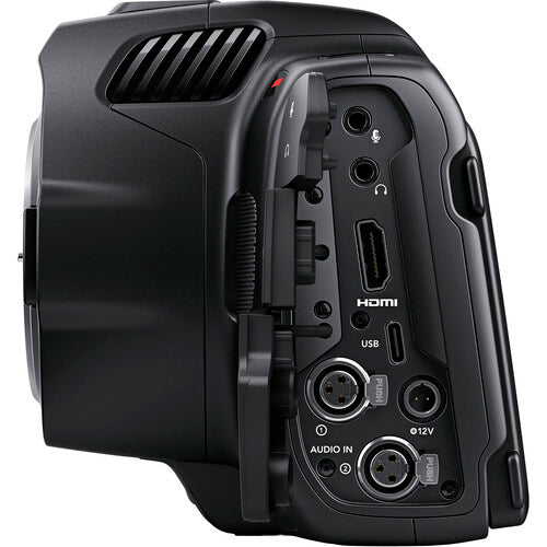 Back view of a black Blackmagic Design Pocket Cinema Camera 6K G2 with connectivity ports on a white background