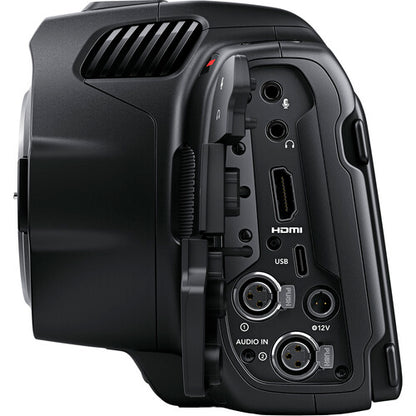 Back view of a black Blackmagic Design Pocket Cinema Camera 6K G2 with connectivity ports on a white background