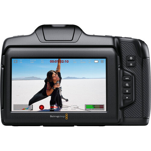Blackmagic Design camera with screen displaying a person in a desert landscape