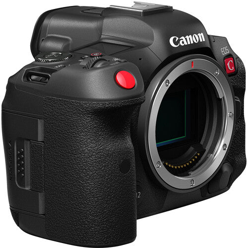 Canon camera body with a red button on a white background