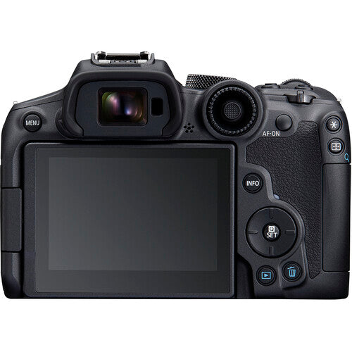 Back view of Canon EOS R7  camera on a white background