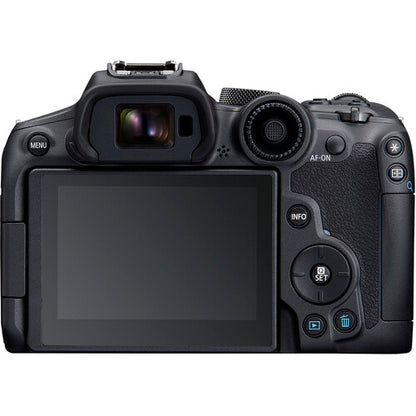 Back view of Canon EOS R7  camera on a white background