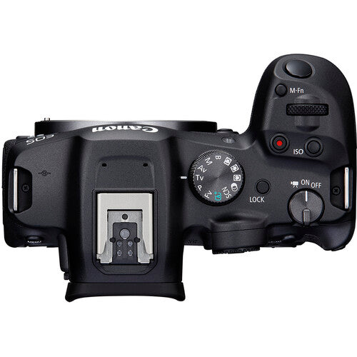 Top view of Canon EOS R7  camera on a white background