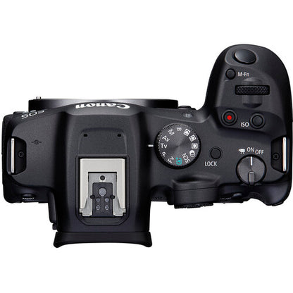 Top view of Canon EOS R7  camera on a white background