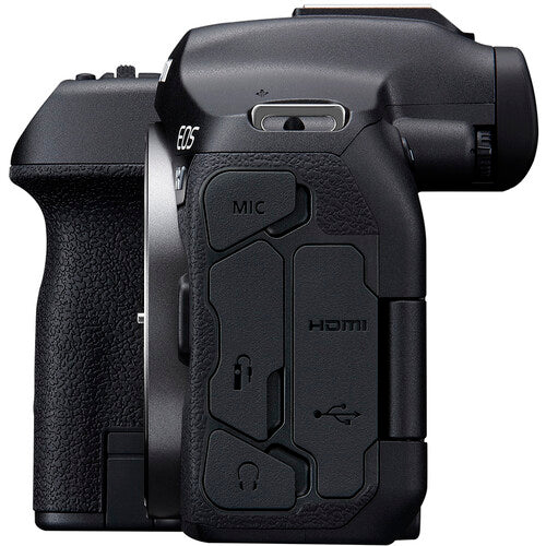 Canon EOS R7  camera with various ports on a white background