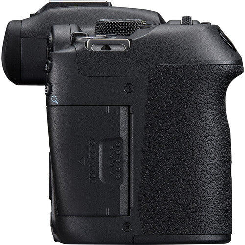 Top view of Canon EOS R7  camera body on a white background