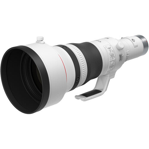 Camera lens with white body and black elements on a white background