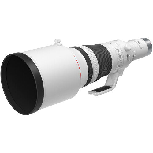 Camera lens with white body and black accents on a white background