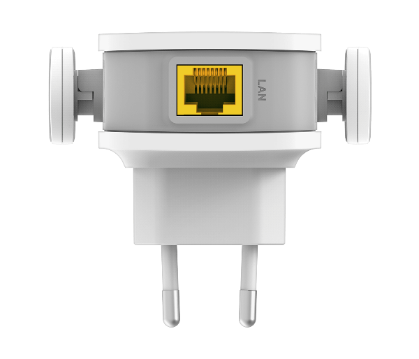 D-Link AC1200 Dual Band Wi-Fi 5 Range Extender - DAP-1610  with LAN connector on a black background