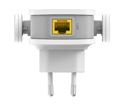 D-Link AC1200 Dual Band Wi-Fi 5 Range Extender - DAP-1610  with LAN connector on a black background