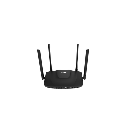 Black router with antennas on a white background
