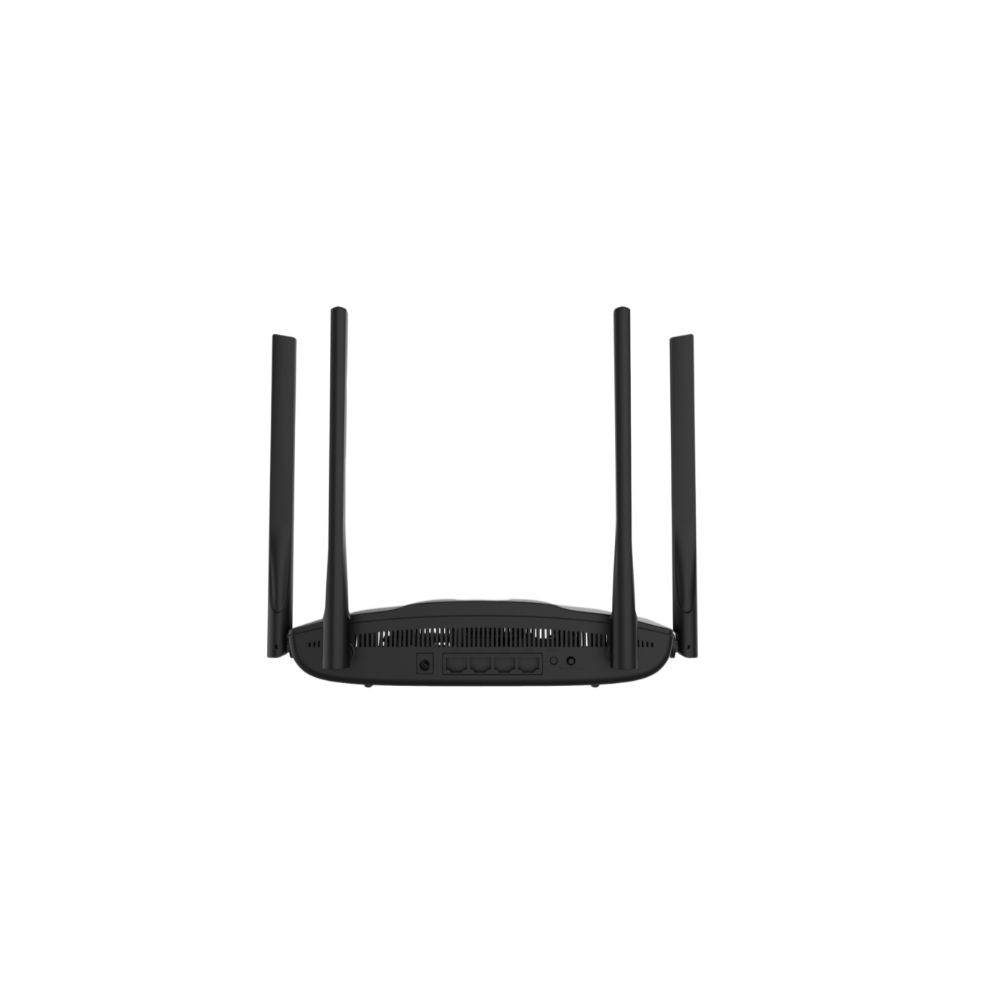 Black router with four antennas on a white background