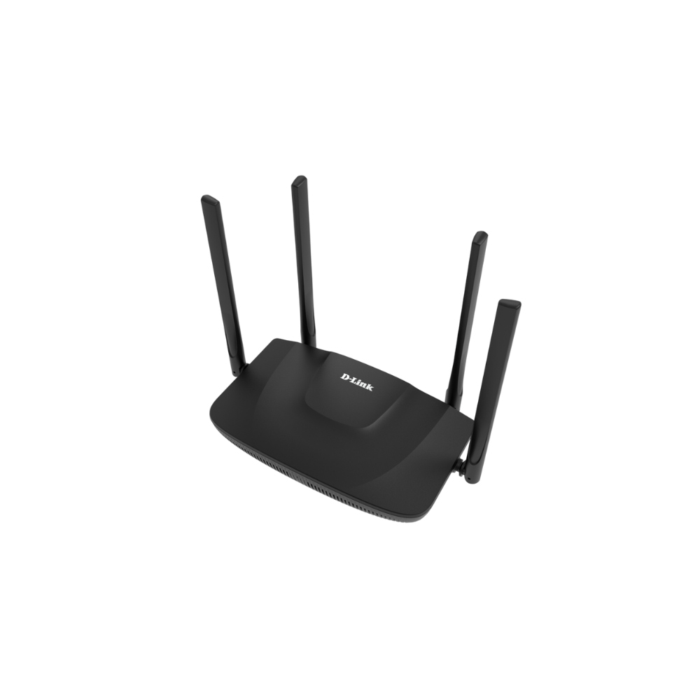 Black D-Link router with antennas on a white background