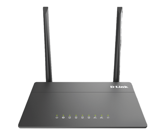 D-Link router with antennas on a white background
