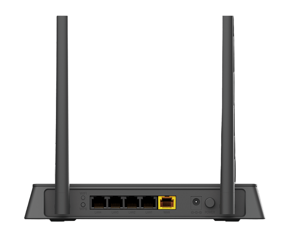 Black router with antennas on a white background