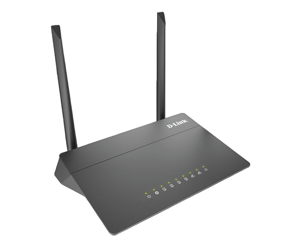 D-Link router with antennas on a white background