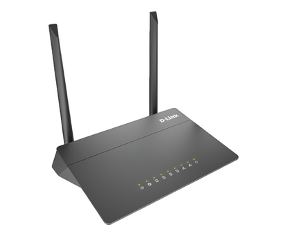 D-Link router with antennas on a white background