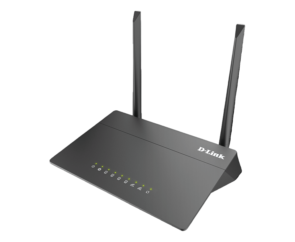 D-Link router with antennas on a white background