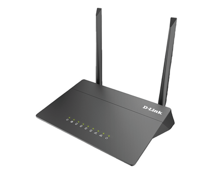 D-Link router with antennas on a white background