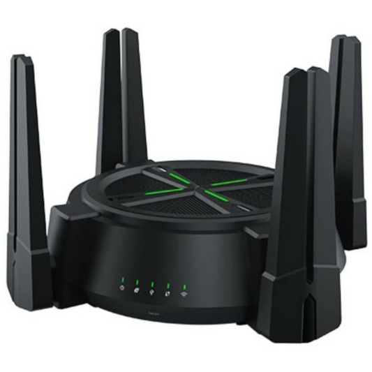 Black D-Link AX6000 Multi Gigabit Wi-Fi 6 Router - DIR-X6080Z with multiple antennas on a white background