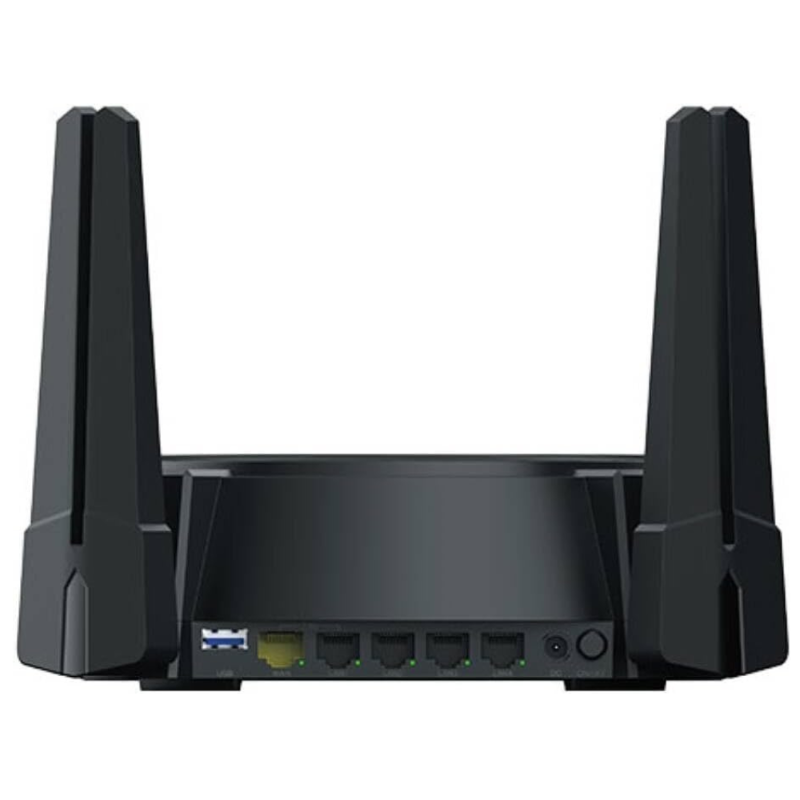 Black D-Link AX6000 Multi Gigabit Wi-Fi 6 Router - DIR-X6080Z with antennas and ports on a white background