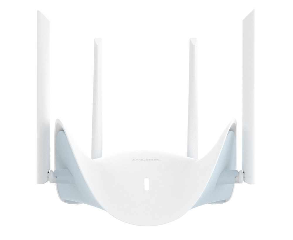 White D-Link BE3600 Wi-Fi 7 Dual-Band Mesh Router - DIR-BE364K with four antennas on a white background