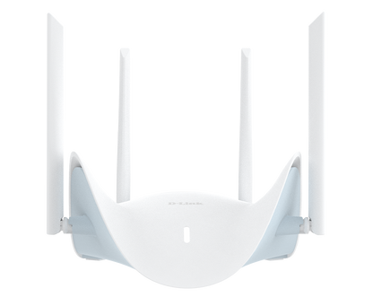 White D-Link BE3600 Wi-Fi 7 Dual-Band Mesh Router - DIR-BE364K with four antennas on a white background