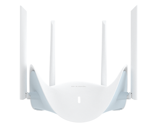 White D-Link BE3600 Wi-Fi 7 Dual-Band Mesh Router - DIR-BE364K with four antennas on a white background