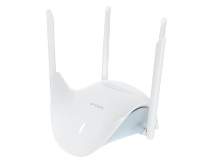 White D-Link BE3600 Wi-Fi 7 Dual-Band Mesh Router - DIR-BE364K with antennas on a white background