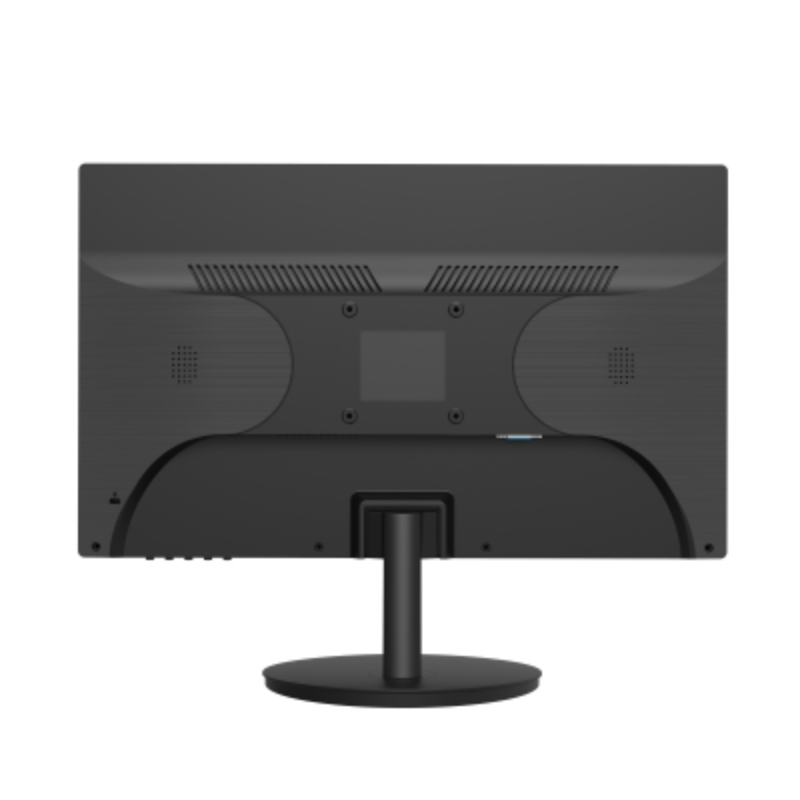 Back view of a black computer monitor on a white background