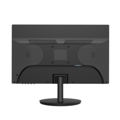 Back view of a black computer monitor on a white background