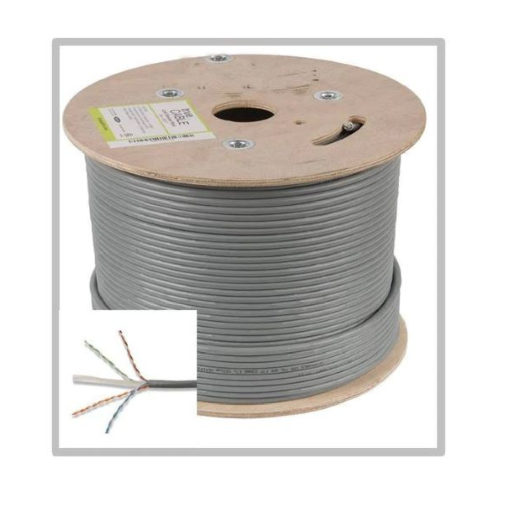 Spool of gray D Link Cat6 UTP 24AWG PVC Cable Roll 305m-NCB-C6UGRYR-305-24-E with close-up inset on a white background