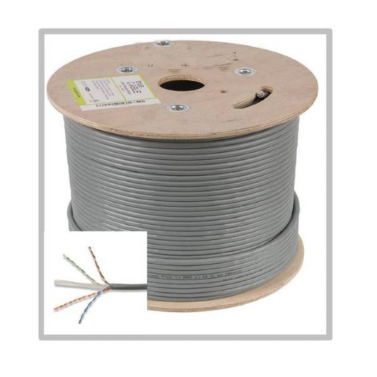 Spool of gray D Link Cat6 UTP 24AWG PVC Cable Roll 305m-NCB-C6UGRYR-305-24-E with close-up inset on a white background