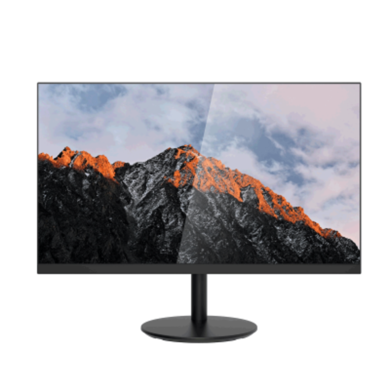 Monitor displaying a mountain landscape with a black stand on a white background