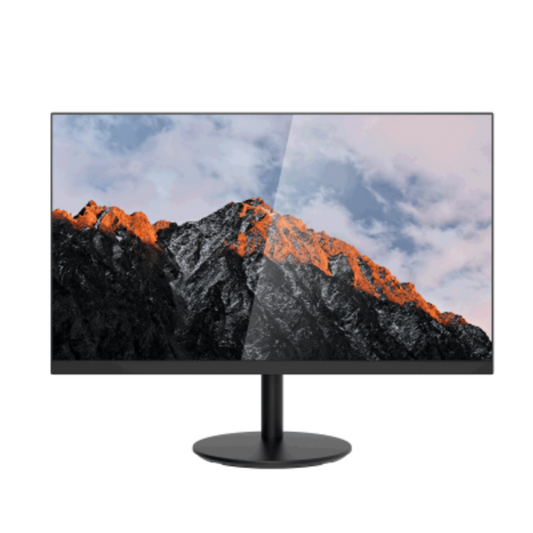 Monitor displaying a mountain landscape with a black stand on a white background