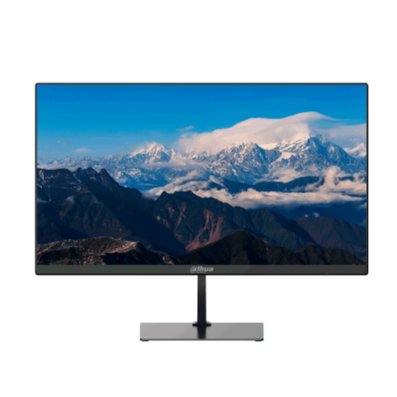 Monitor displaying a mountainous landscape with a blue sky