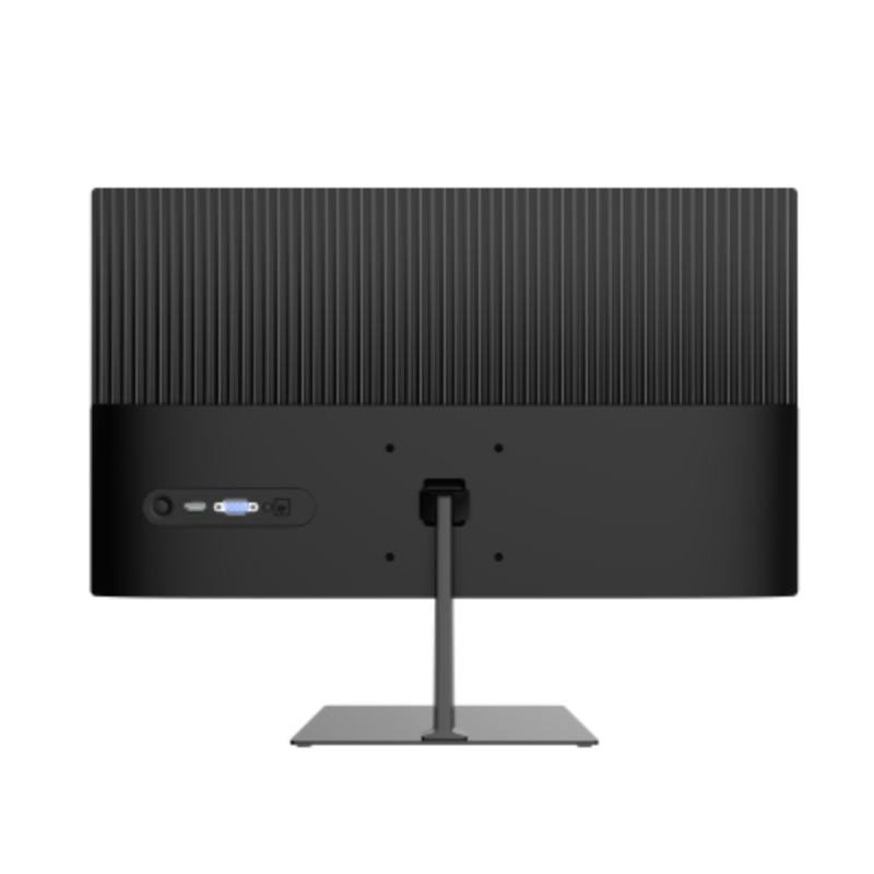 Black computer monitor with stand on a white background