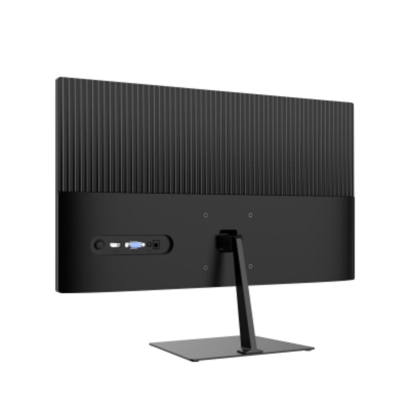 Black computer monitor with stand on a white background