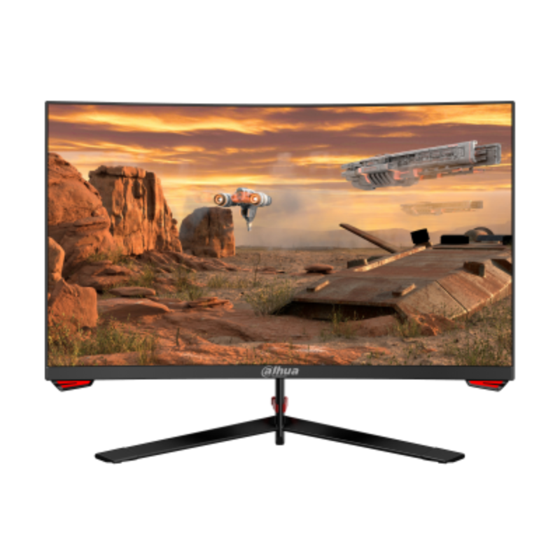 Gaming monitor displaying a sci-fi landscape with spacecraft on a white background